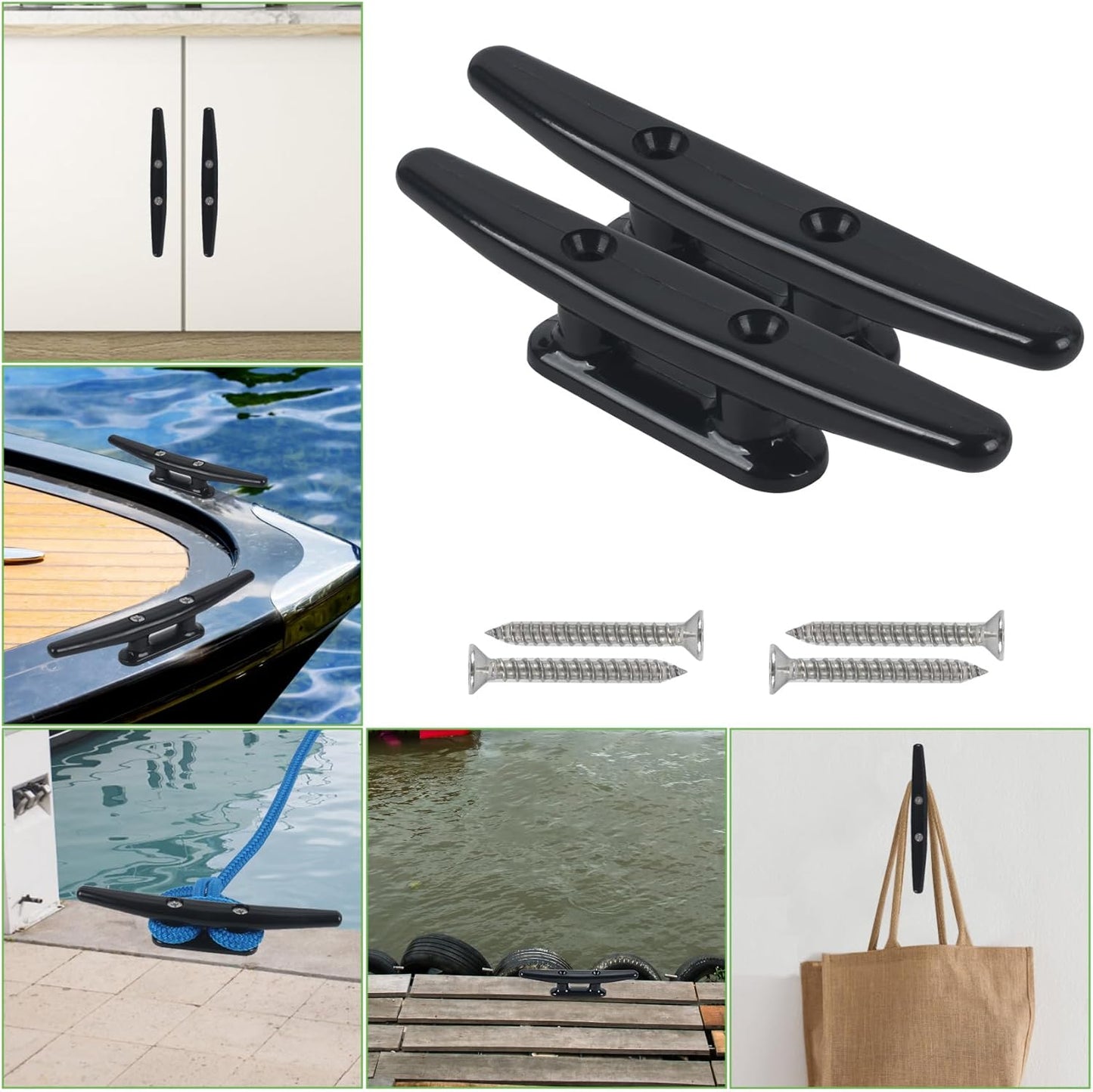 Boat Dock Cleats - Black Nylon Tie Down Cleats with Hardware | 4", 5", 6", 8" Sizes (4 or 6 Pack)