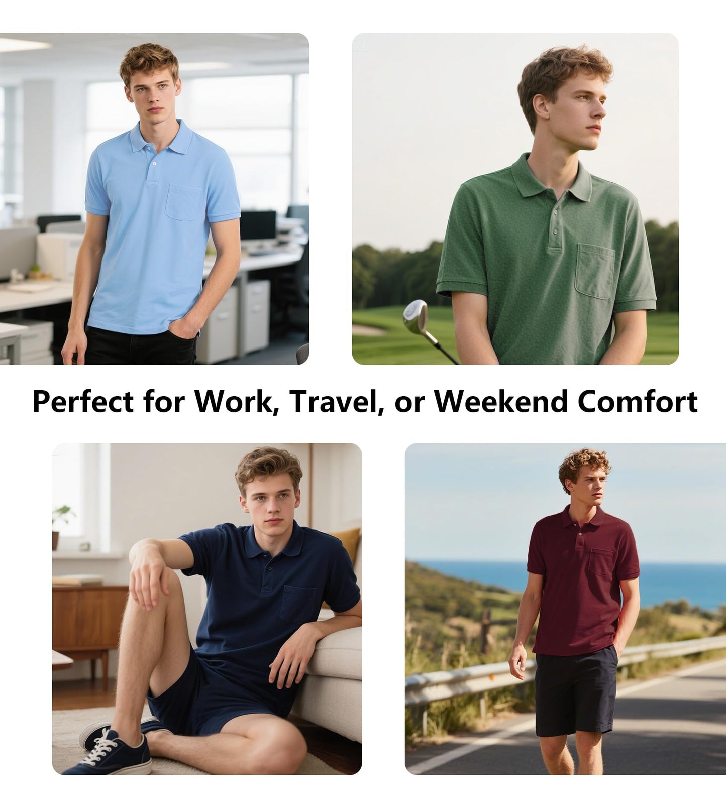ZITY 7 Pack Mens Polo Shirts with Pocket Moisture Wicking Short Sleeve Outdoor Golf Athletic Work Multipack Shirts