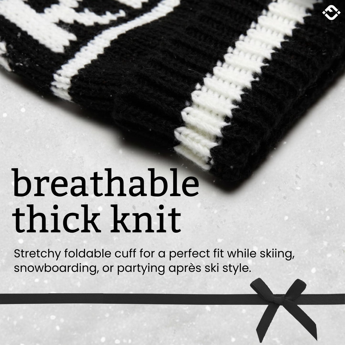 Funky Junque Après Ski Pom Pom Beanie for Women – Oversized Knit Winter Hat, Warm Cozy Womens Hats for Ski Trips & Snow Days - Black (White Lettering)