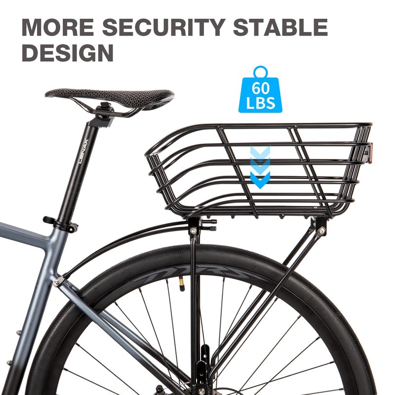 Rear Bike Basket with Rack - Rear Rack with Fixed Basket for Disc Brake/Non-Disc Brake Mount - Bicycle Basket Cargo Touring Carrier fit 26”-29” and 700c