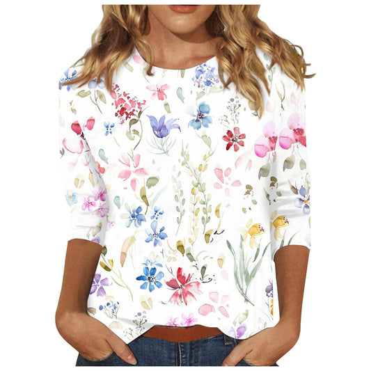 WJDNHKYD Womens Summer Tunics 3/4 Length Sleeve Womens Tops 2024 Floral Print Vintage Casual Loose With Round Neck Plus Size Shirts