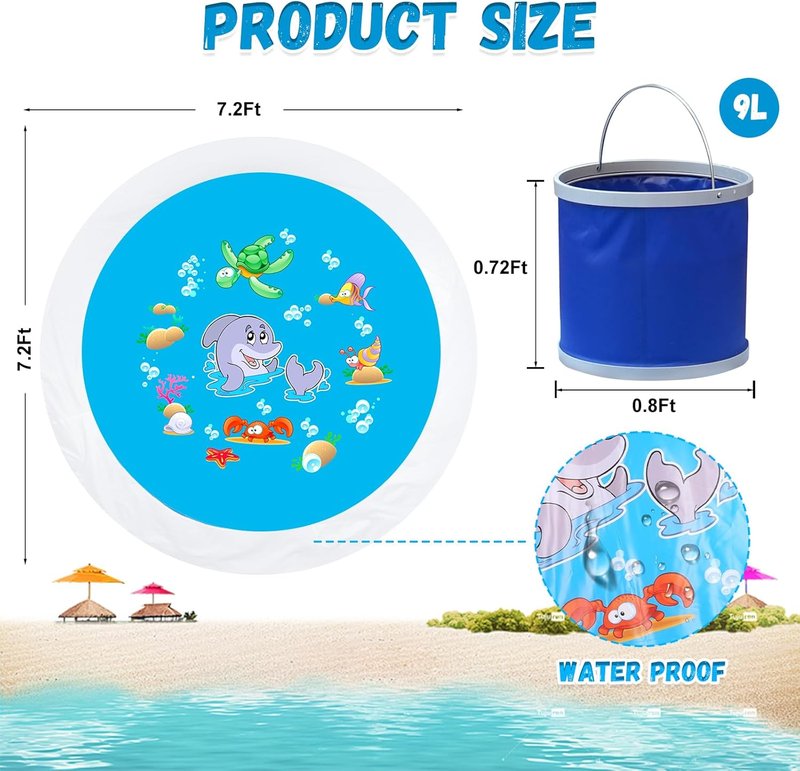 Baby Beach Pool - 7.2x7.2 Feet Kiddie Paddling Pool & Blanket | Portable Water Bag Included