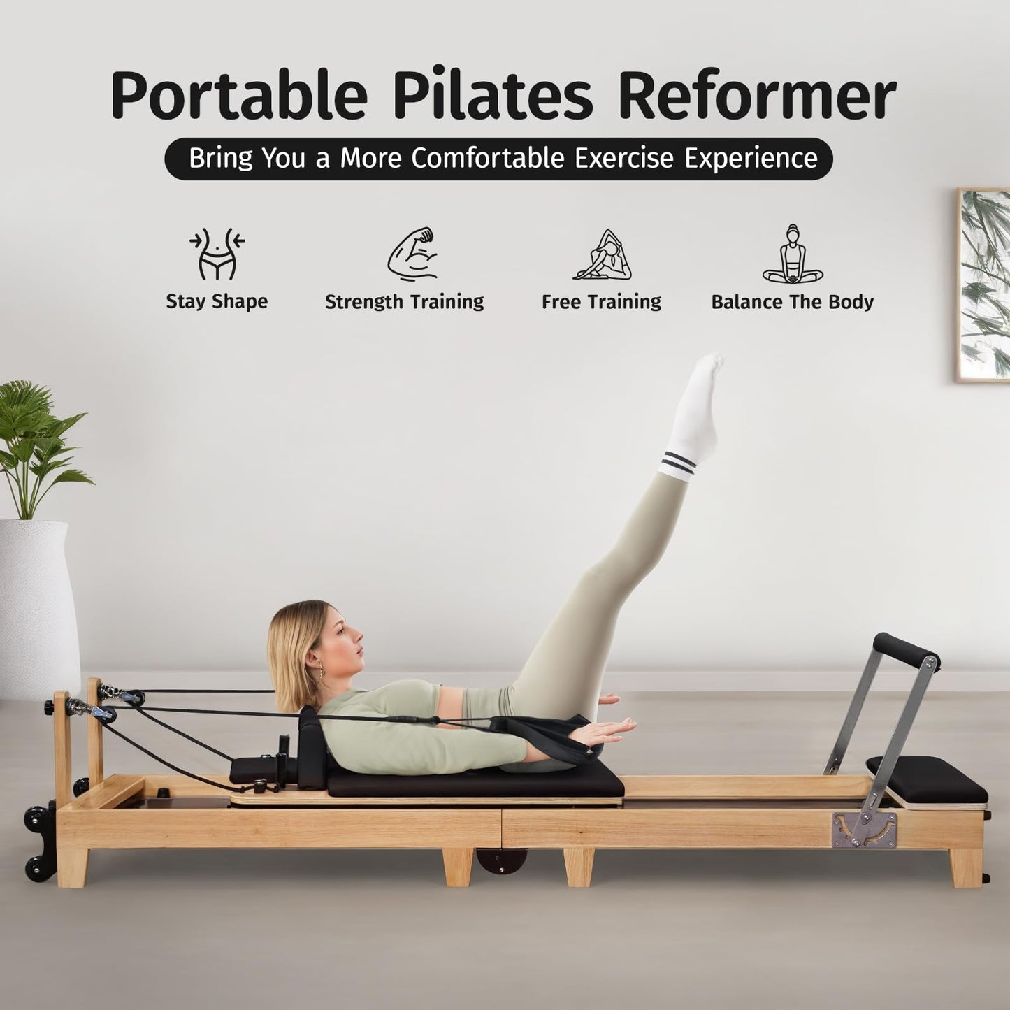 Folding Pilates Reformer Machine-Home Pilates Reformer Wooden Yoga Fitness Equipment Pilates Reformer Workout Machine for Home Gym with Reformer Accessories, Pilates Reformer Box, Pilates Jump Board