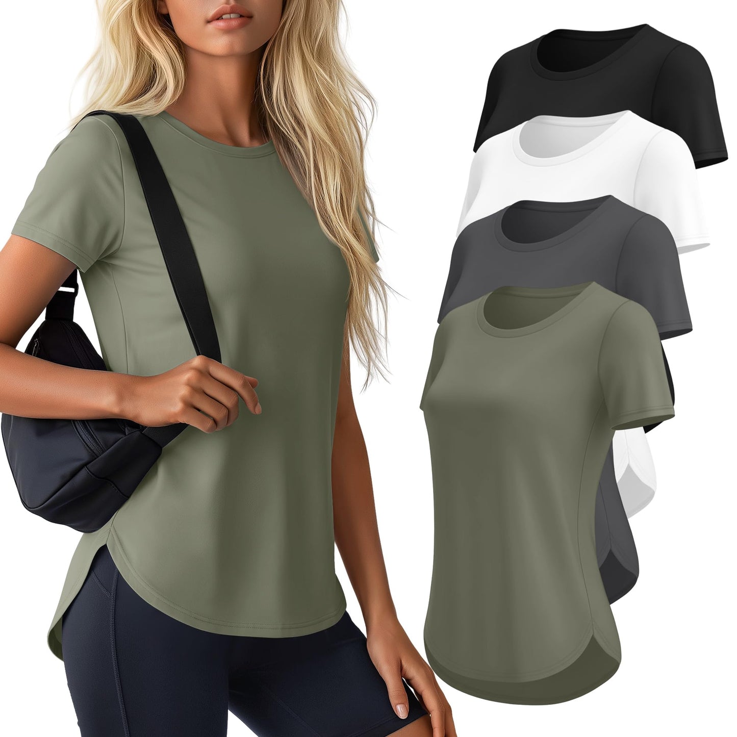 Locoowai 4 Pack Women's Workout Shirts UPF 50+ Athletic Breathable Short Sleeve Tops Quick Dry Split Hem Running Gym Yoga Tee(White,Black,Dark Gray,Grey Green,X-Large)