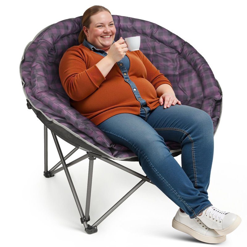 Oversized XXL Folding Round Camping Chairs,Comfy Padded Moon Camp Chairs,Heavy Duty Supports 400 Lbs Outdoor Lawn Chairs for Adults,Perfect for Indoor,Family Hiking,Picnics and Garden,Purple Plaid
