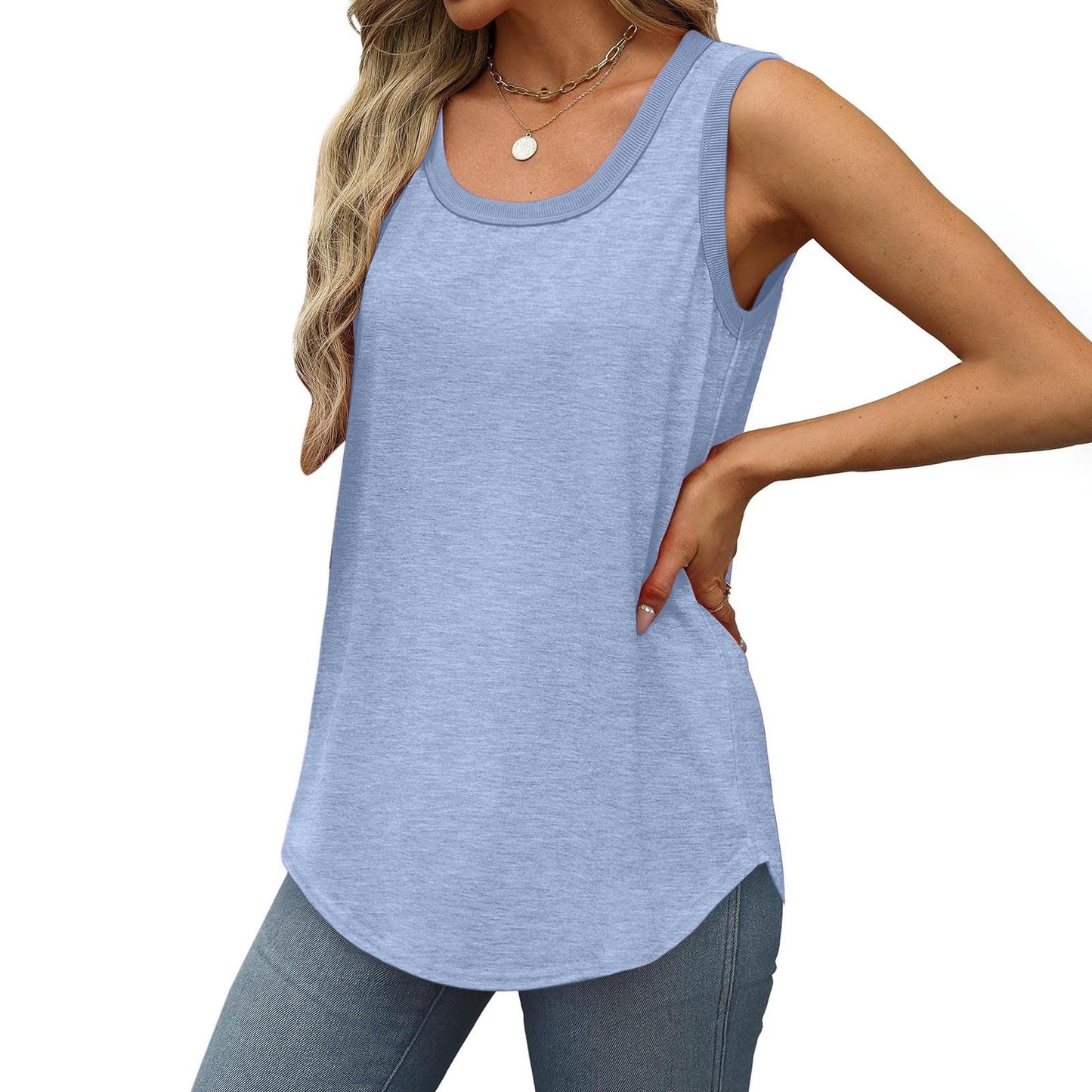 Borniu Womens Tank Tops Summer Loose Sleeveless Tops Scoop Neck Curved Hem Casual Flowy Shirt 2024 Outfits Clothes Light Blue