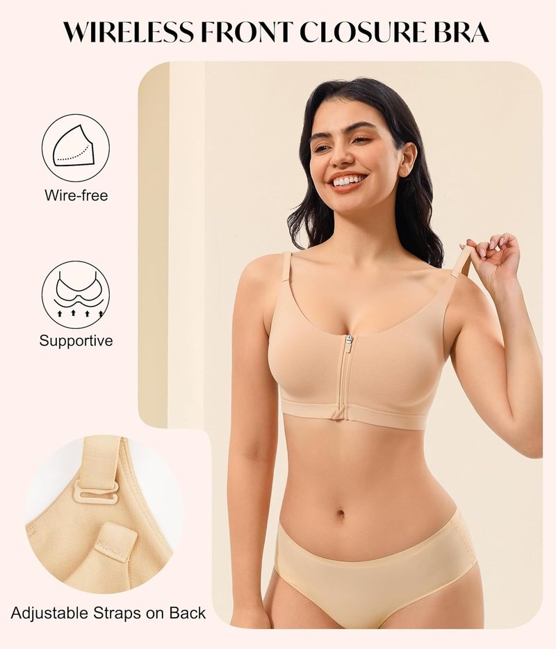 Wireless Support Bra for Women - Full Coverage Zip Front Closure | Comfort Fit, Back Smoothing, No Underwire