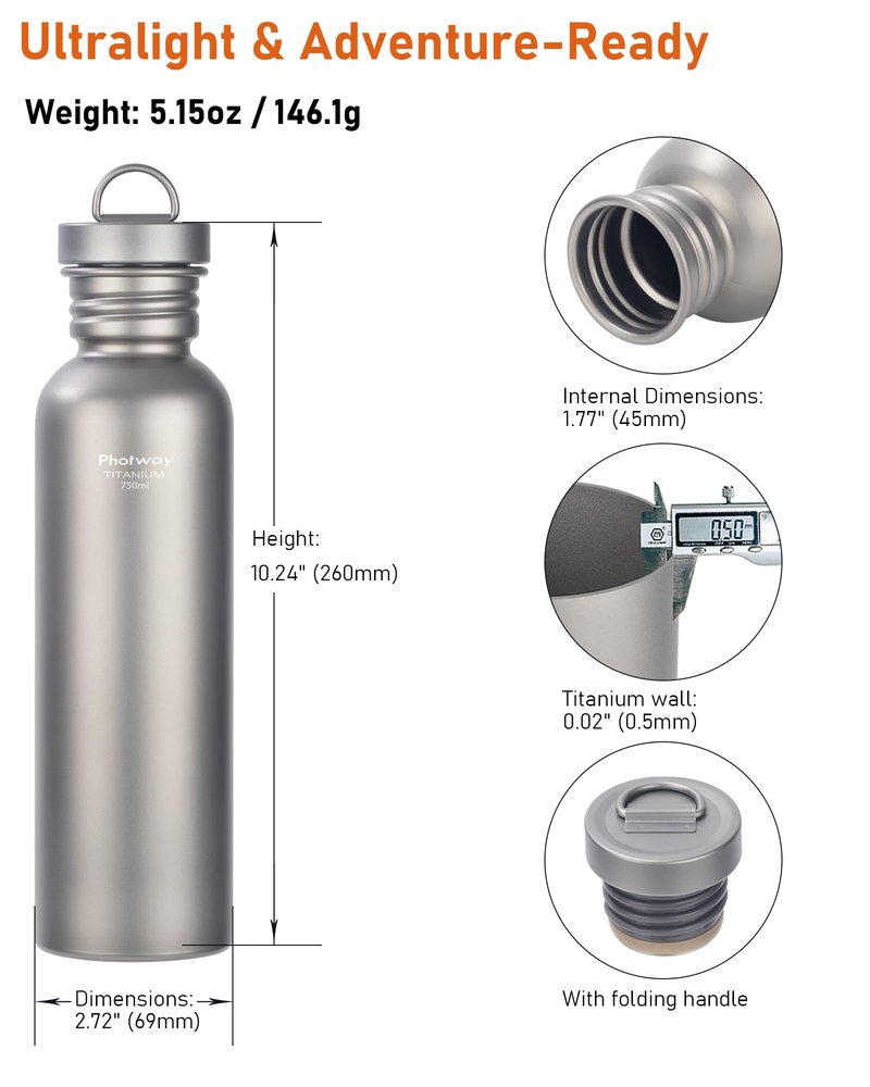 photway 25oz Titanium Water Bottle, Ultralight Single Wall Titanium Flask for Boiling Water, Leakproof Sports Bottle for Camping, Hiking, Cycling & Outdoor Use