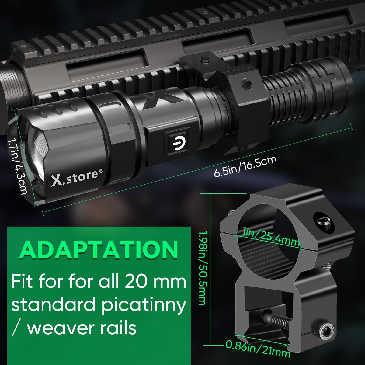 X.Store Led Tactical Flashlight, Custom Design XHP70 Picatinny Rail Mount Flashlight Rifle Light Electric Flashlights, 5 Modes Waterproof with Zoom Function Pressure Switch for Outdoor Hiking Camping