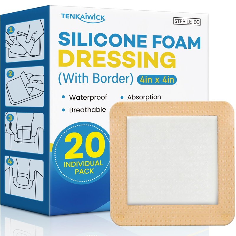 20 Pack Silicone Foam Dressing 4"x4" with Adhesive Border, High Absorbency Silicone Bandages, Waterproof Foam Bandages for Wounds Care, Bed Sore, Diabetic Foot Ulcers