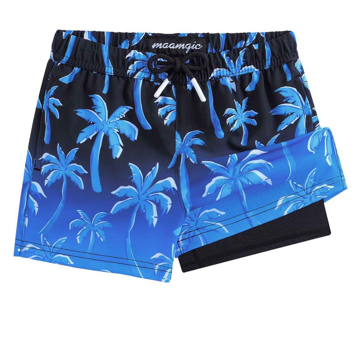 maamgic Boys Swim Trunks with Compression Liner Toddler Stretch Swim Shorts Quick Dry Swimming Trunks Boxer Brief 2 in 1 Beach Shorts Blue Coconut Tree 10/12