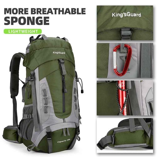 King'sGuard 60L Hiking Backpack Large Waterproof Camping Backpack for Men and Women Lightweight Frameless Backpacking Backpack with Rain Cover (Army Green)
