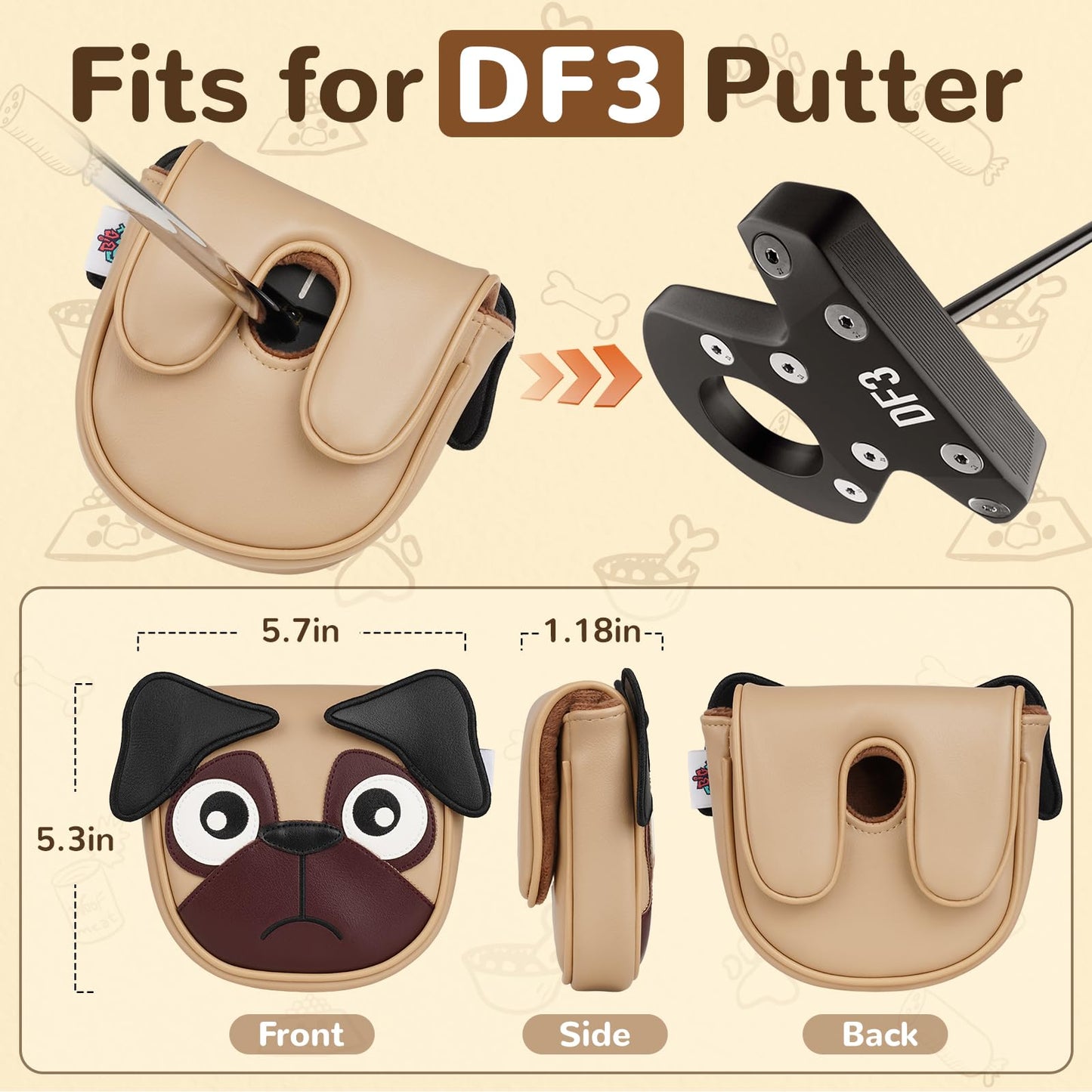 Big Crazy DF3 Putter Cover, Center Shaft Putter Cover with Strong Magnetic Closure, Waterproof Mallet Putter Cover, Funny Pug Dog Design, Golf Accessories for Man and Woman