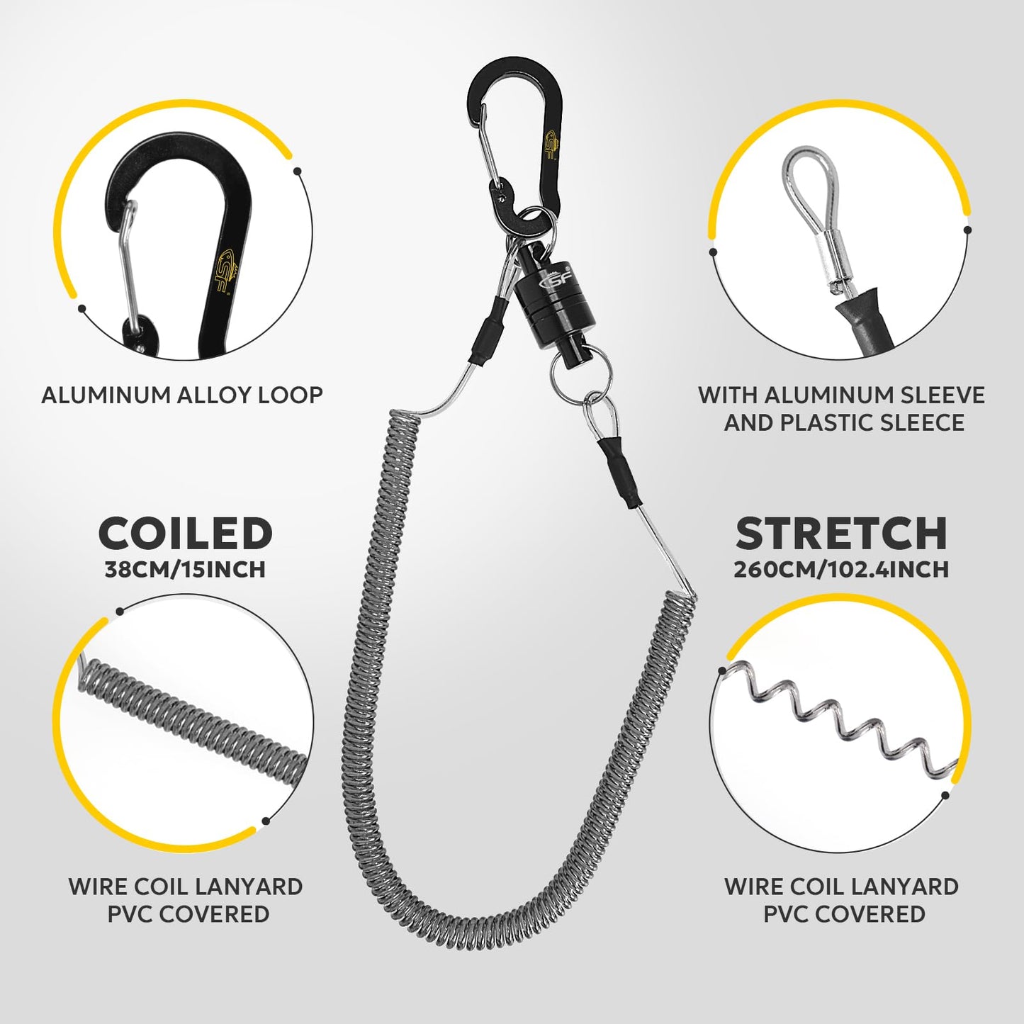 SF Strongest Magnetic Release Holder Keychain Fly Fishing Net Retractor Magnet Clip with Coiled Lanyard Aluminum Alloy Hook - Black