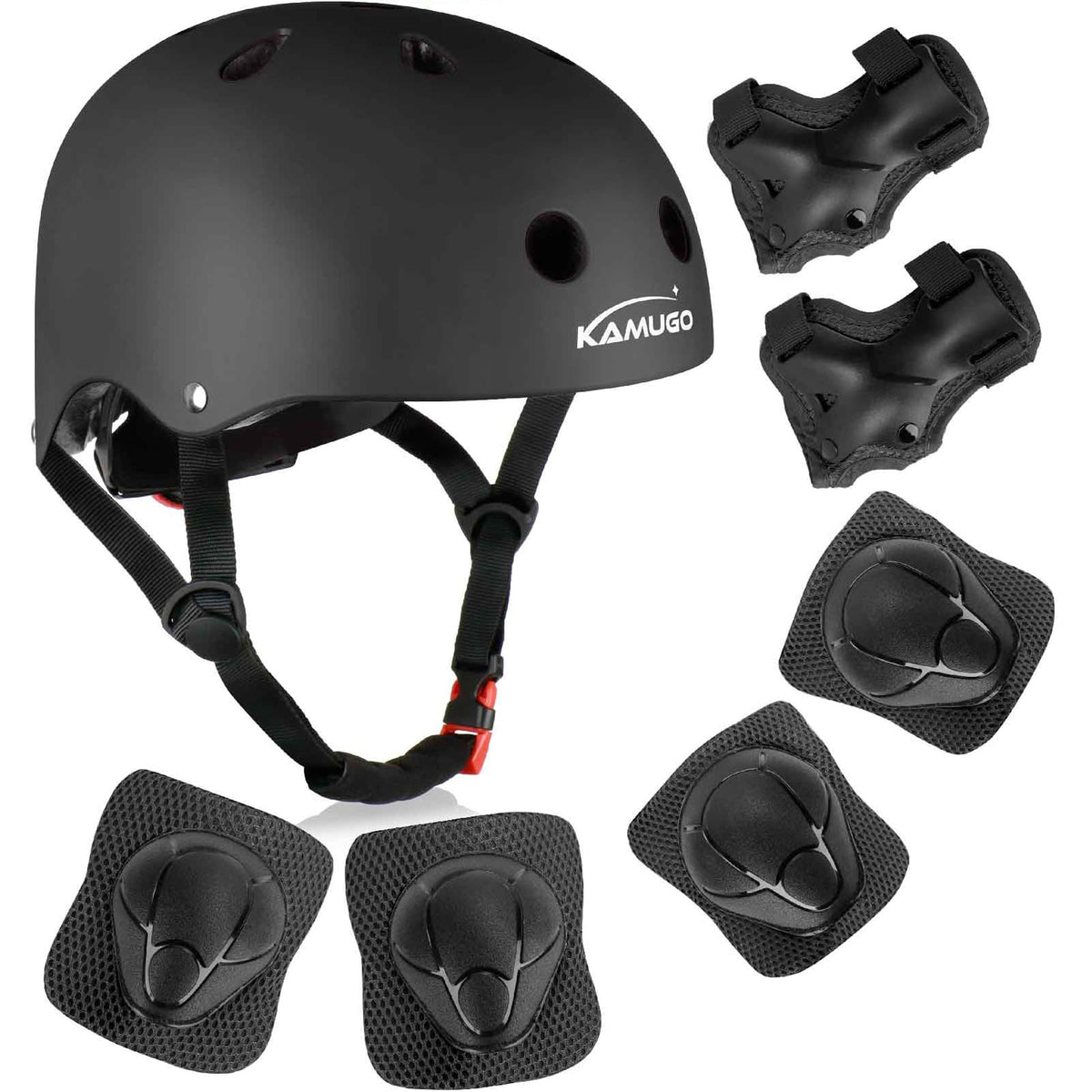 KAMUGO Kids Bike Helmet, Toddler Helmet for Ages 2-8 Boys Girls with Sports Protective Gear Set Knee Elbow Wrist Pads for Skateboard Cycling Scooter Rollerblading (Black)