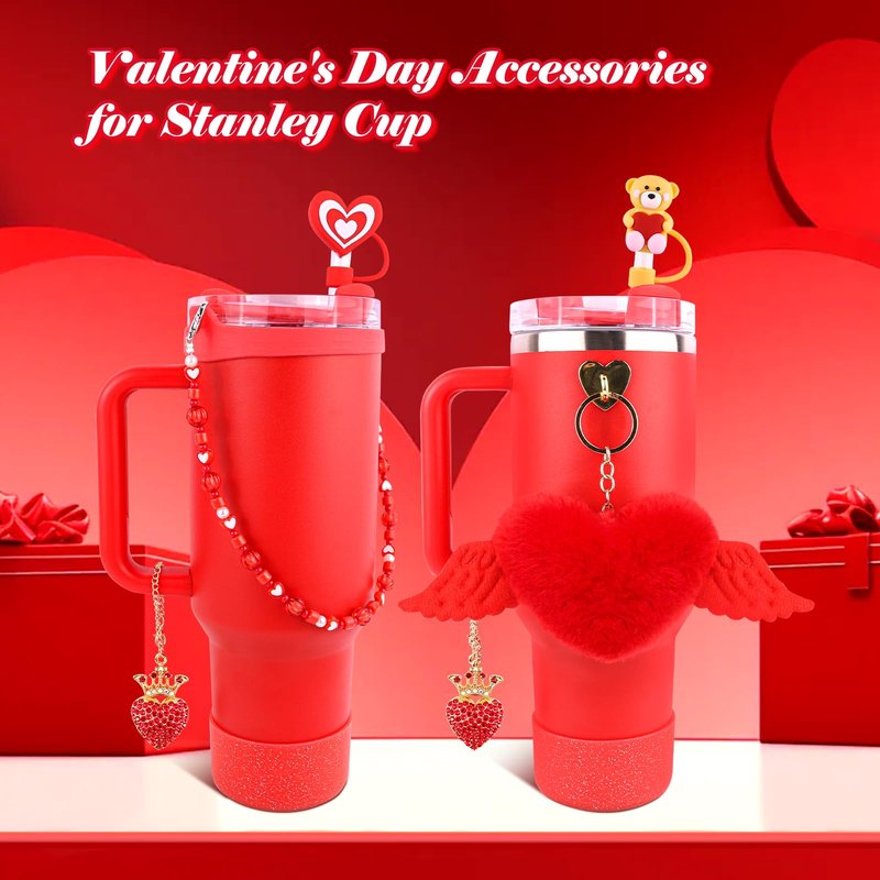 WINOWIMO 8 Pcs Valentines Day Accessories Set for Stanley Cup 30&40 Oz, Red Silicone Glitter Boot 2 Pcs Straw Covers Pom-Pom Charm Heart Charm Water Bottle Handle, Valentines Day Gifts for Her Girls