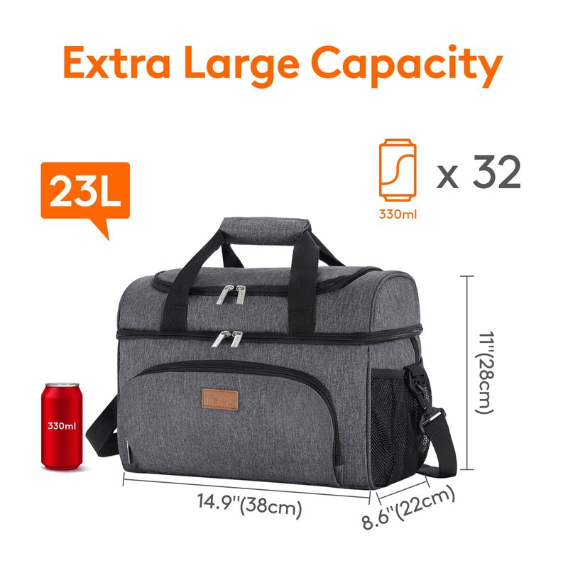 Lifewit Insulated Cooler Bag, 32 Can Large Leakproof Beach Cooler, Lightweight Portable Double Layer Soft-Sided Travel Ice Chest for Camping, Kayaking, Road Trips, Grocery Shopping, Dark Gray