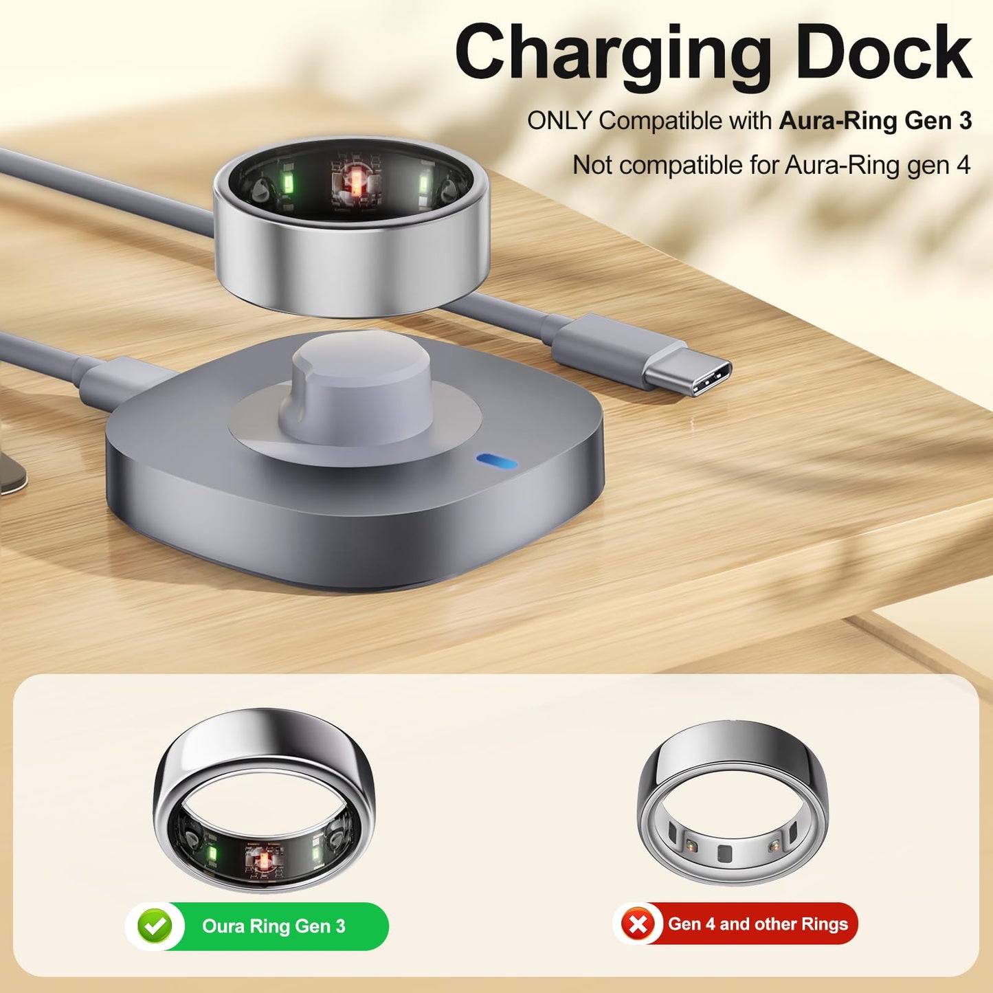 Compatible with Aura-Ring Gen 3 Charger - Size 6 - Charging Dock and USB-C Cable Replacement Accessories