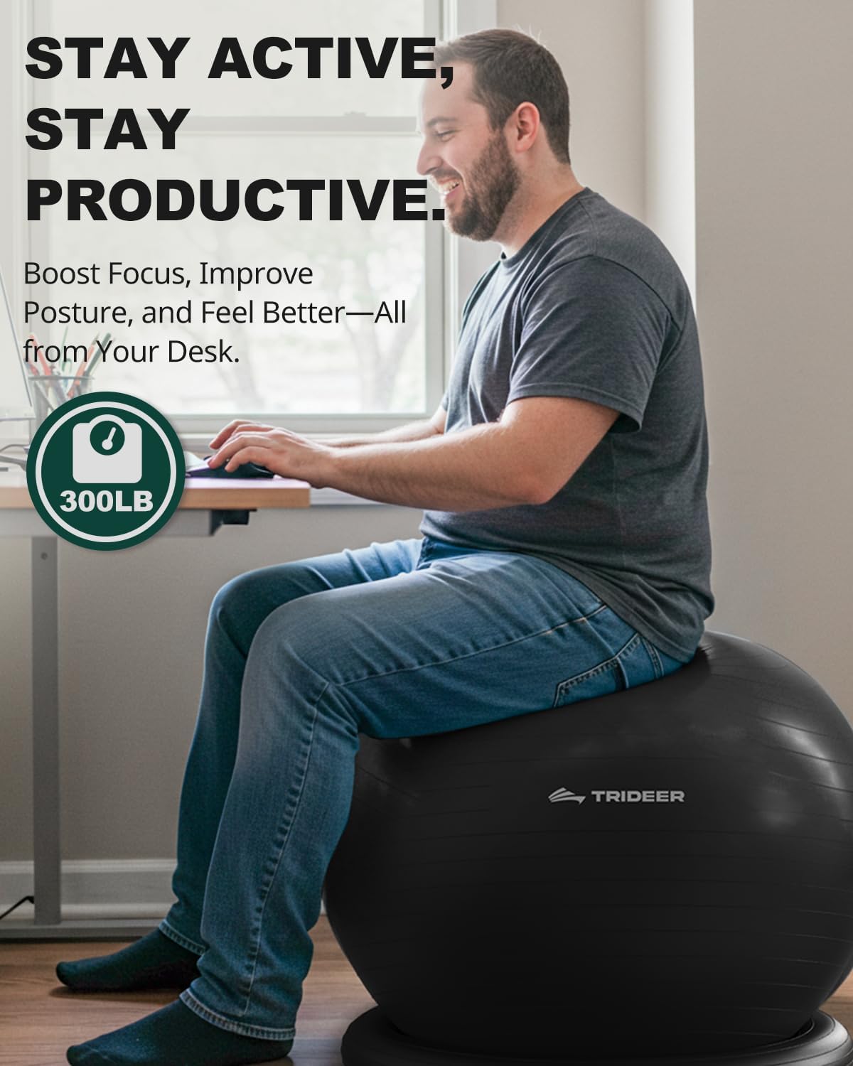 Trideer Exercise Ball Chair - Stability Ball Seat for Core Workout & Back Support | Includes Base & Resistance Bands