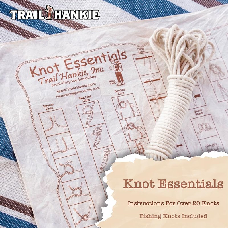 Trail Hankie Knot Essentials Bandana – Knot Tying Guide for Hiking, Camping, Fishing & Scouts – 100% Cotton, Made in USA, 22x22 Multi-Use Bandana