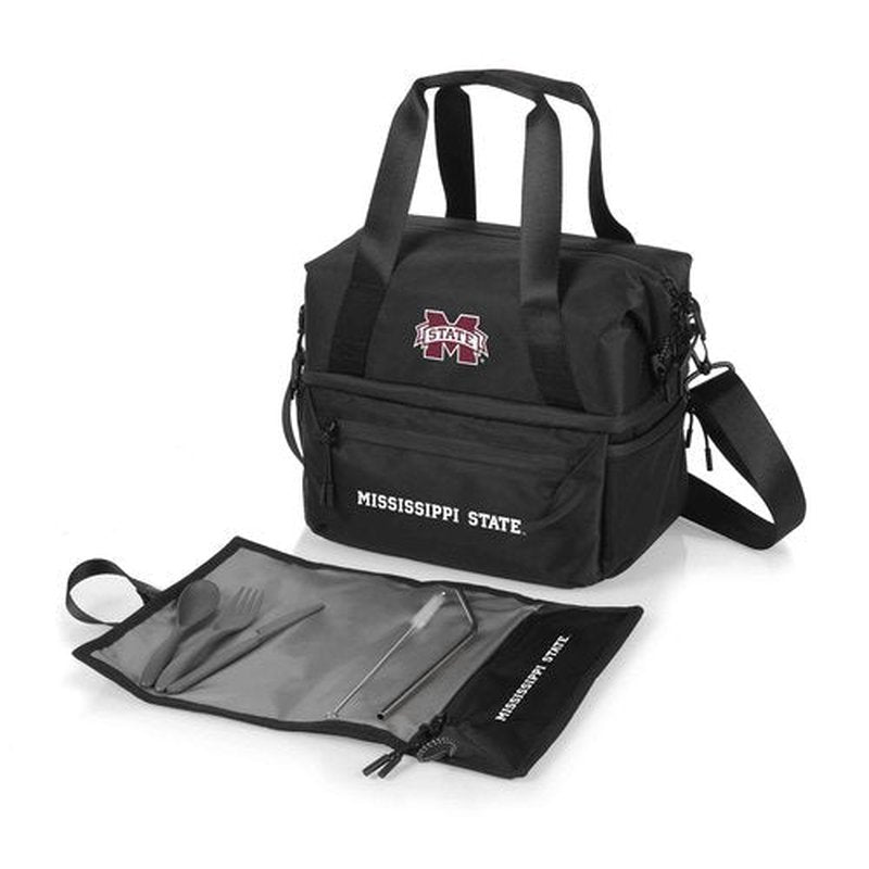 PICNIC TIME NCAA Mississippi State Bulldogs Tarana Lunch Bag Cooler with Utensils Made from Recycled Material, Lunch Box with Picnic Set, Upcycled Lunch Cooler Bag, (Carbon Black)