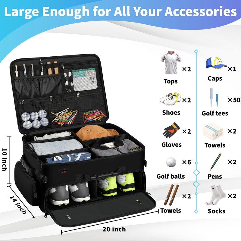 Mogplof Extra Large 2 Layer Golf Trunk Organizer, Golf Gifts for Men Golfers, 20"x 14"x 10" Water-resistant Car Durable Golf Organizer for 2 Pair Shoes, Balls, Tees, Clothes, Gloves, Accessories