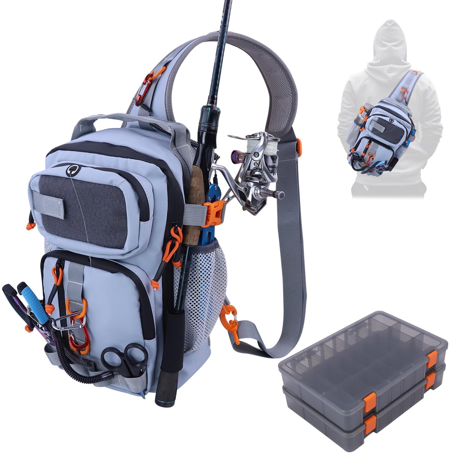 VKVXCLON Fishing Backpack Tackle Storage Bag with 2 Tackle Boxes,Lightweight Outdoor Water-Resistant Fishing Shoulder Bag with Rod Holder-Store Fishing Gear for Fishing(Grey)