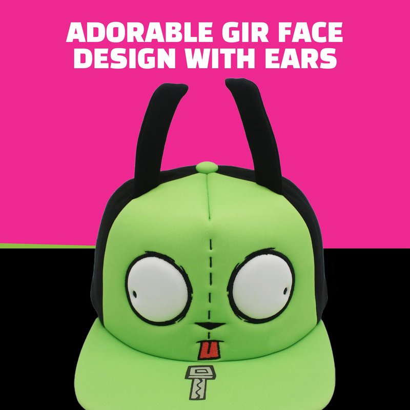 Invader Zim Baseball Cap, Gir Adult Snapback Hat with Flat Brim and 3D Ears and Eyes, Multi, One Size