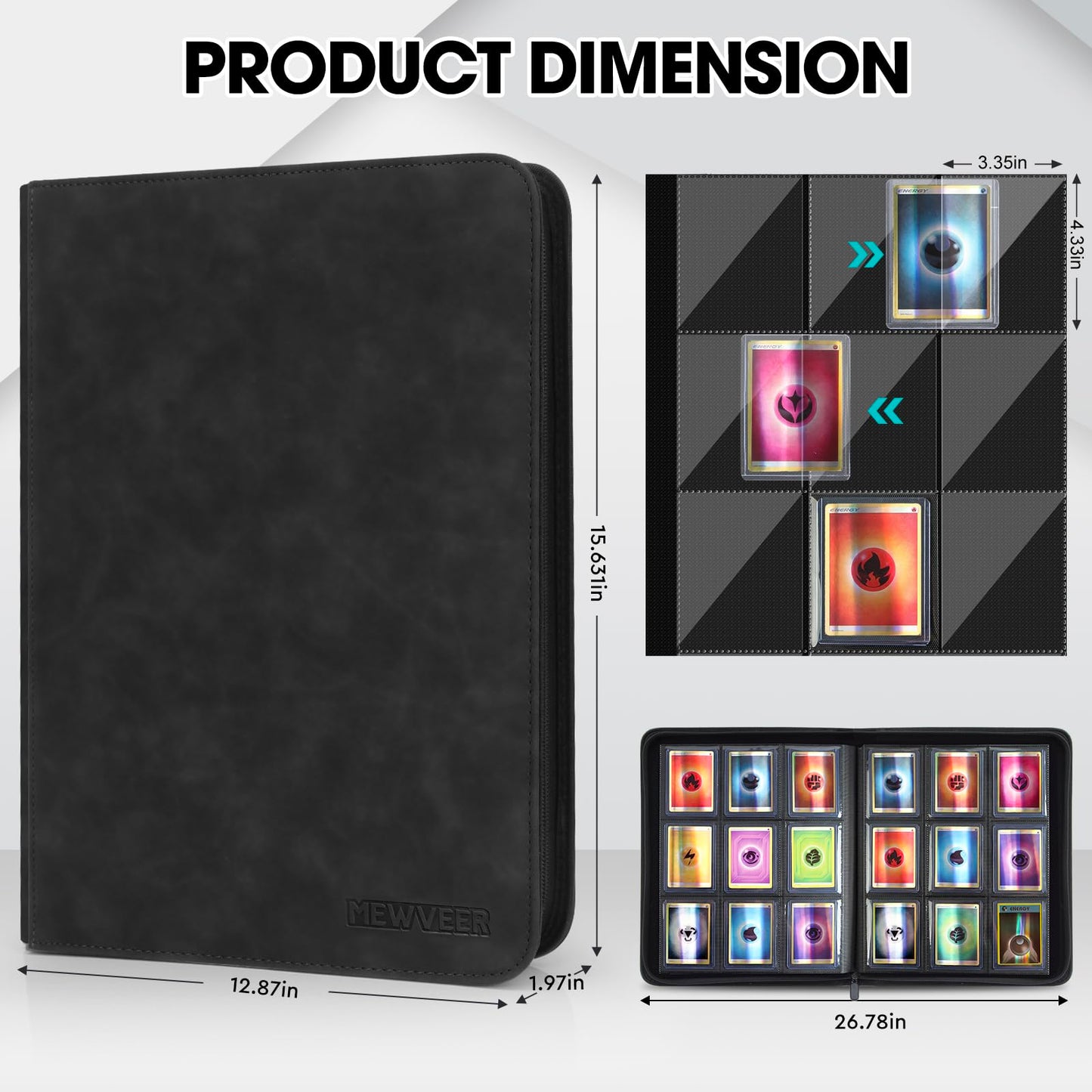 MewVeer Top Loader Card Binder, Holds 252 Top Loaders Storage, 9 Pockets with Sleeves, Trading Card Binder for Sports Cards, YGO/MTG Card Collection Binder - Black (Not for Cards WITHOUT a Top Loader)