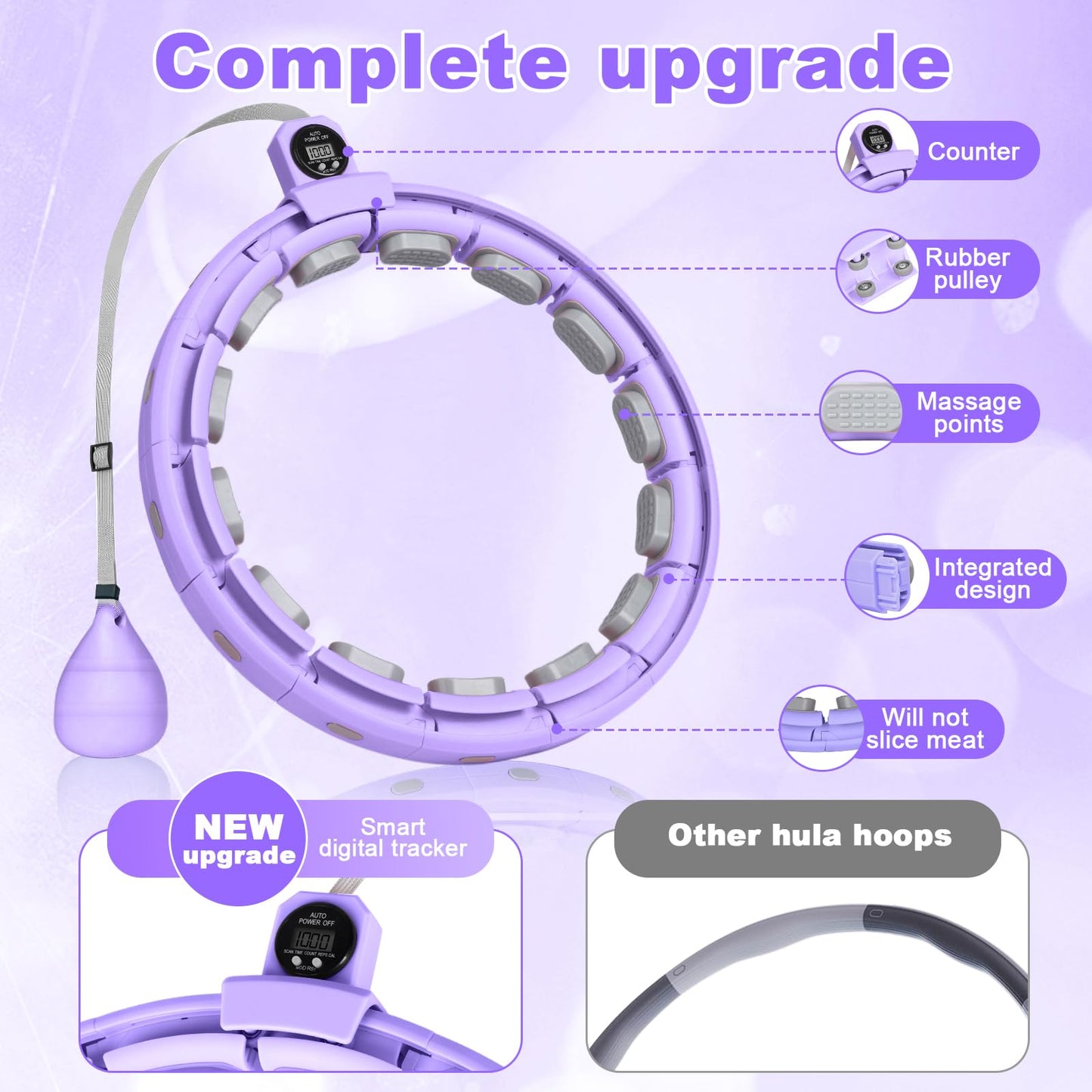 Smart Silent Weighted Fitness Hoop with Counter, Adjustable 30"-50" Infinite Exercise Hoop - A Spinning Hoop for Waist & Adult Weight Loss, for Women & Beginners (Purple)