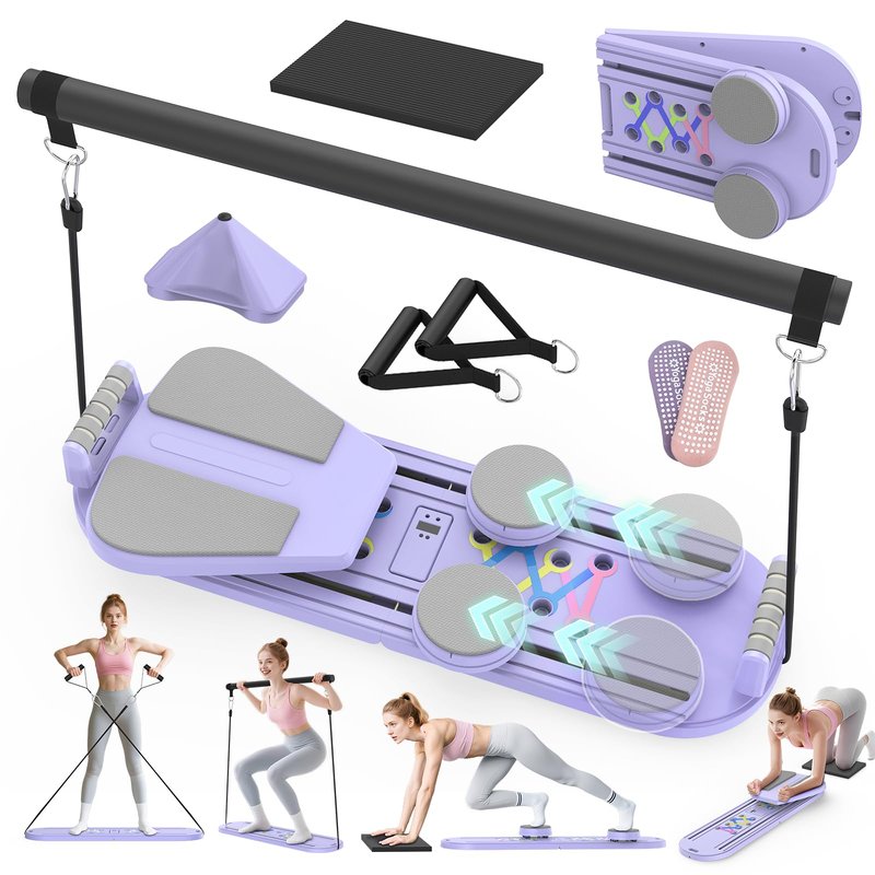 Lazolloa 7 in 1 Pilates Board, Portable Home Gym Equipment, Foldable Pilates Reformer Set with Timer, Mini Pilates Machine for Home Workout, Fitness, Exercise, Ab, Core, Purple