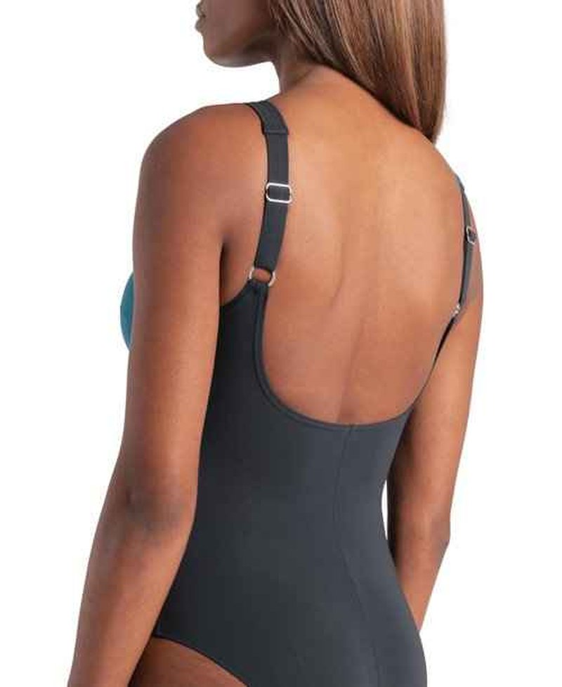 ARENA Women’s Liliana Shapewear U Back One Piece Swimsuit B Cup Built in Bra Ladies Shaping Bathing Suit Tummy Control Swimwear, Night Gray/Green Blue, Size 38