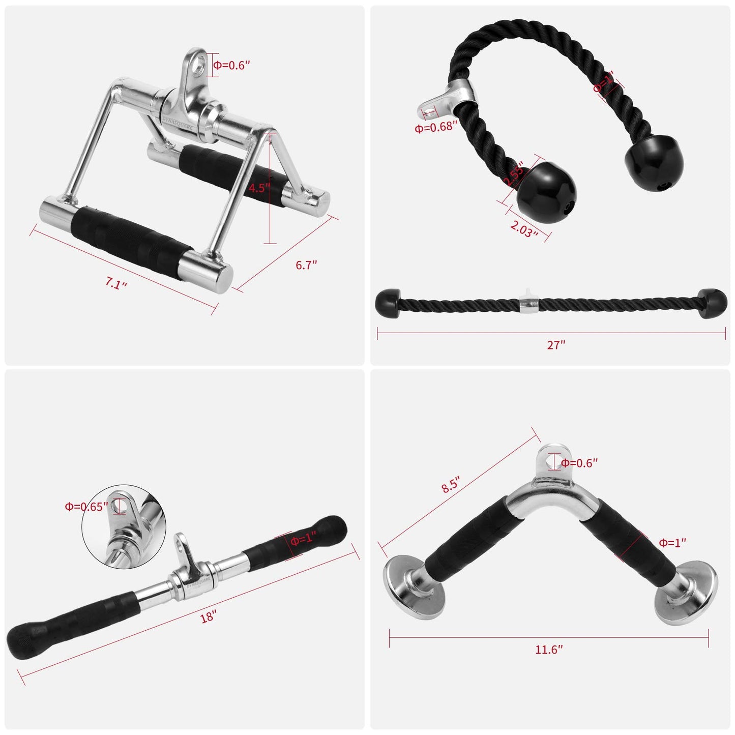DYNASQUARE Tricep Press Down Cable Machine Attachment, Heavy Duty Solid Steel Body Training Lat Pulldown Home Gym Accessories, Double D Row Handle, V Bar, Ankle Straps, Tricep Rope, Pull Down Bar