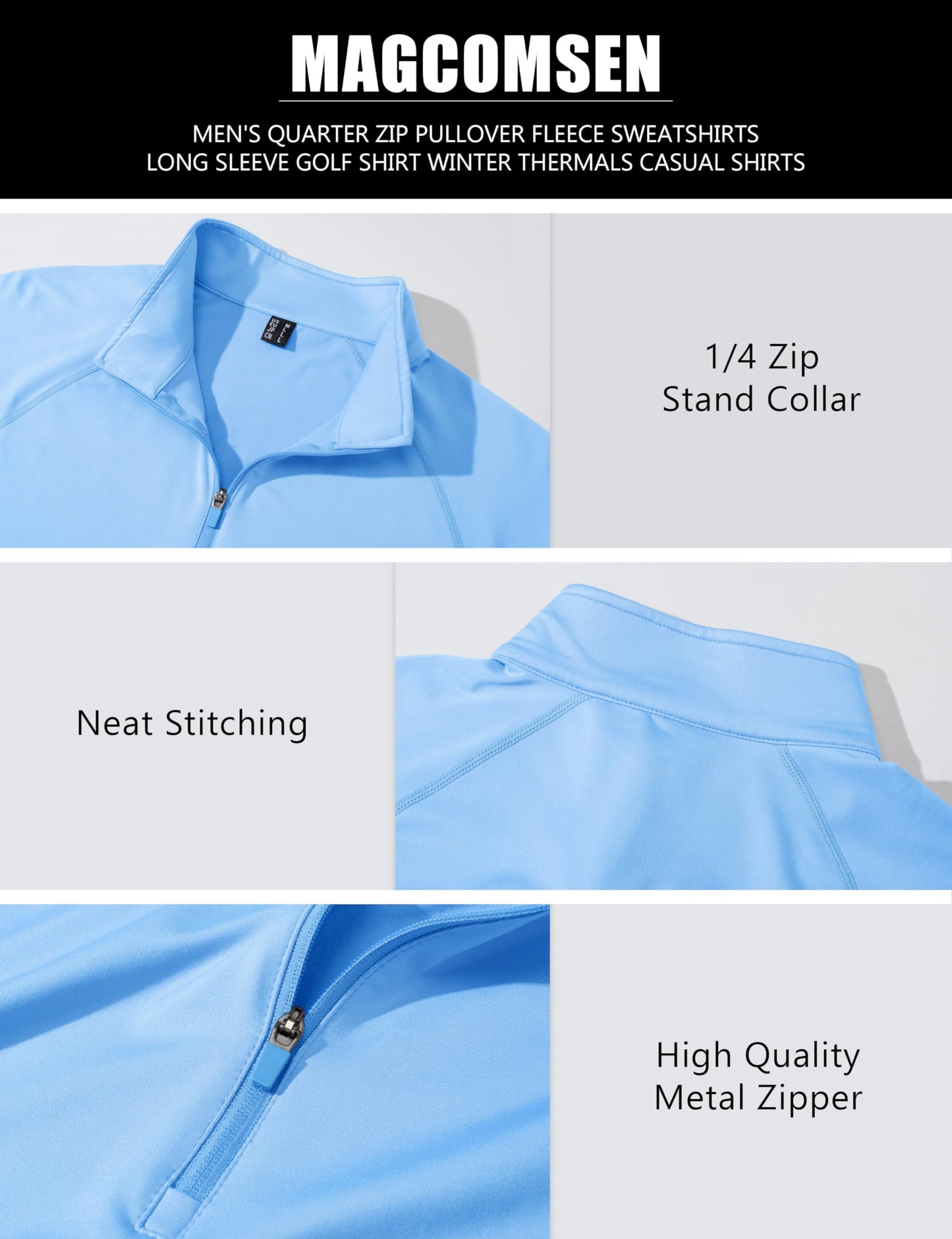 MAGCOMSEN Men's Quarter Zip Pullover Long Sleeve Fleece Lined Golf Lightweight Sweatshirts Thermal Quarter Zip Shirt Light Blue,L