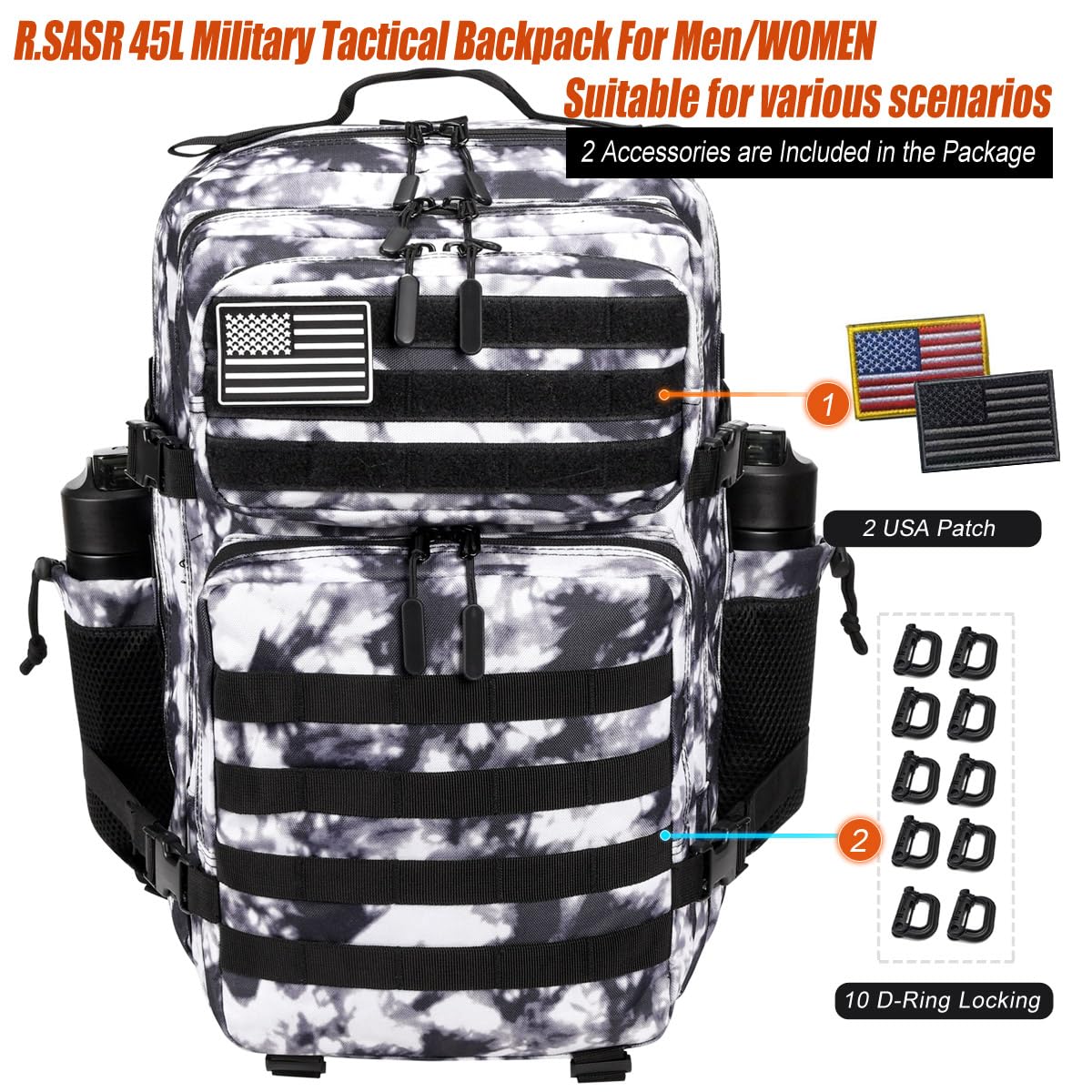 R.SASR 45L Tactical Backpack for Men Women, Military Assault Pack with MOLLE, Large 3 Day Bug Out Bag for Hiking Camping (Black and White)