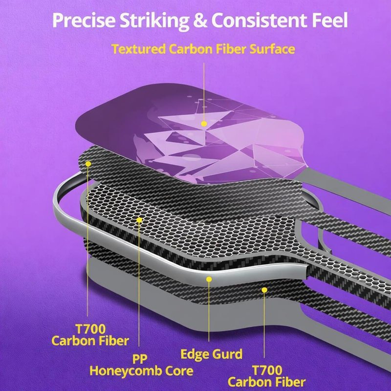 Pickleball Paddles, T700 Raw Carbon Fiber Pickleball Paddles with 16mm Power Polypropylene Honeycomb Core, Increased Power for Ultimate Spin Control & Consistency, USAPA Standard (Purple)