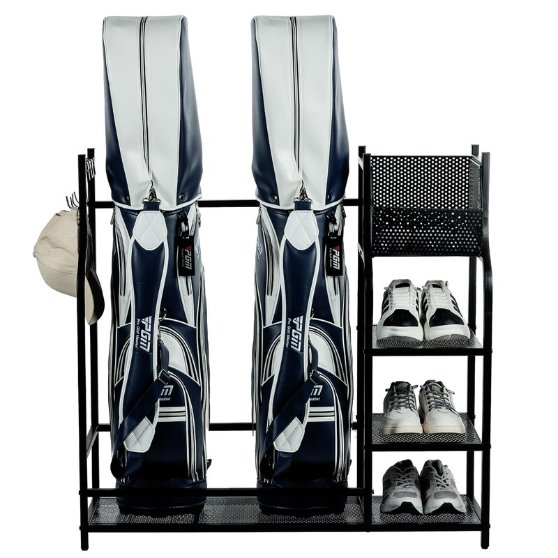 MyGift Golf Bag Stand for Garage, Black Metal Extra Large Golf Garage Storage Organizer with 4 Shelf Ball Holder, Shoe Organizer, and 5 Hook Hanger, Golf Accessories Gift for Men
