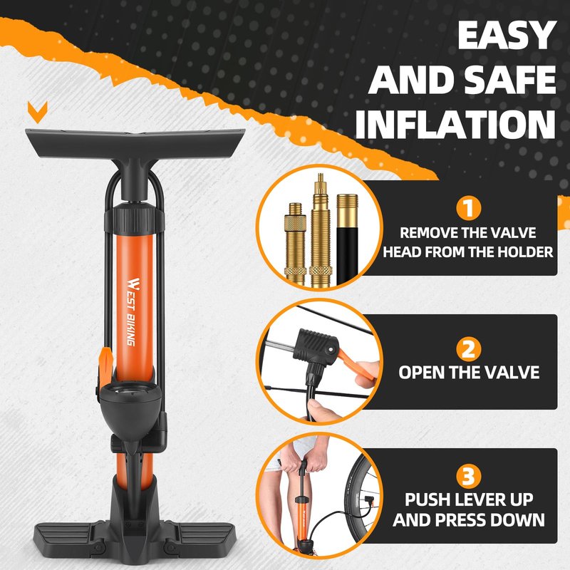 Bike Floor Pump, Bikes Pump with Gauge,Bicycle Air Pump with High Pressure 160 Psi, Bike Tire Pumps with Presta Schrader Valves, Bicycle Air Pump with Gauge, Fits Road Bikes MTB E-Bike, Ball (Orange)