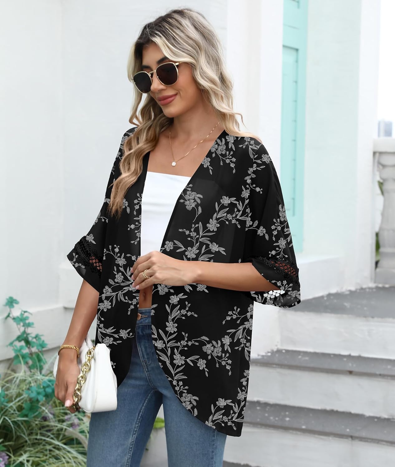 LILBETTER Lightweight Chiffon Kimono Cardigan - Puff Sleeve Lace Cover-Up Blouse for Women | Beach Wear