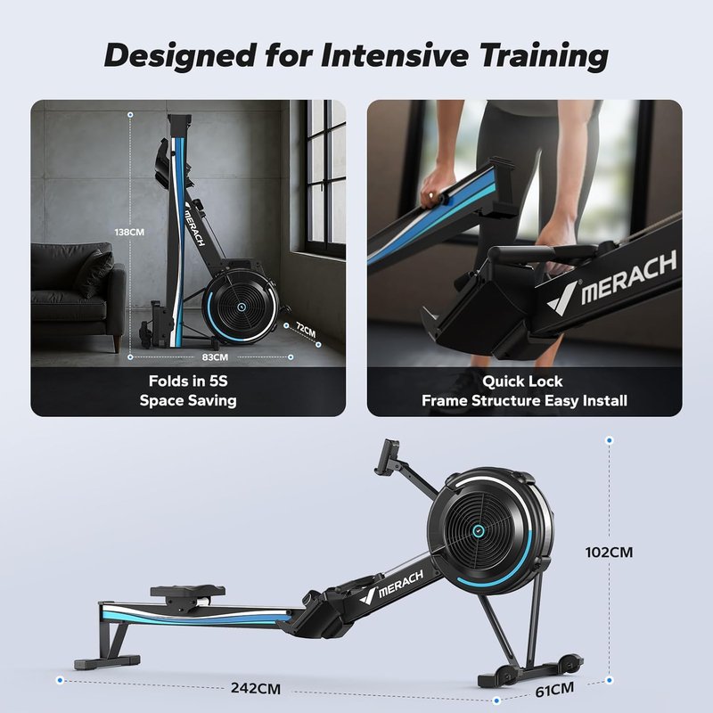 MERACH Indoor Rowing Machine - Adjustable Air Resistance, Ergonomic Seat & Performance Monitor | Compact Design for Home Use