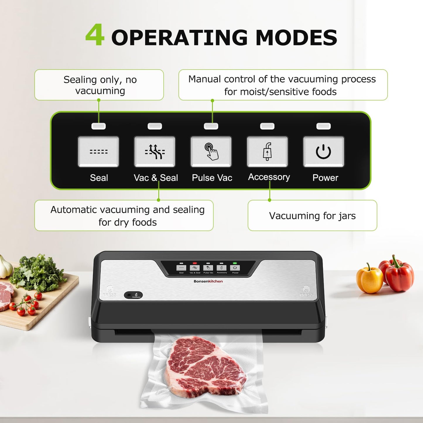 Bonsenkitchen Vacuum Sealer Machine, Built-in Cutter | Multifunctional Food Sealer for Sous Vide & Meal Prep, 5 Pre-Cut Bags, Black