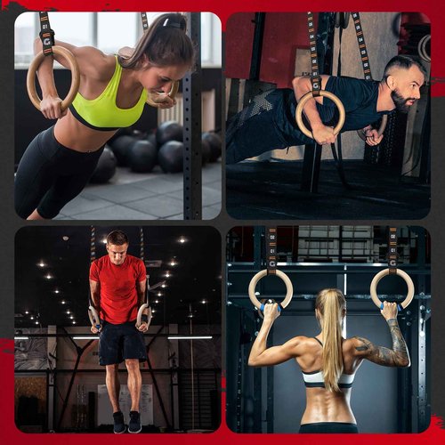Gonex Wooden Gymnastic Rings with Adjustable Number Straps, Olympic Rings for Gym, Workout, Exercise, Outdoor Training, Quick Install Carabiner, 8.7 ft Straps Pull Up Non-Slip Rings