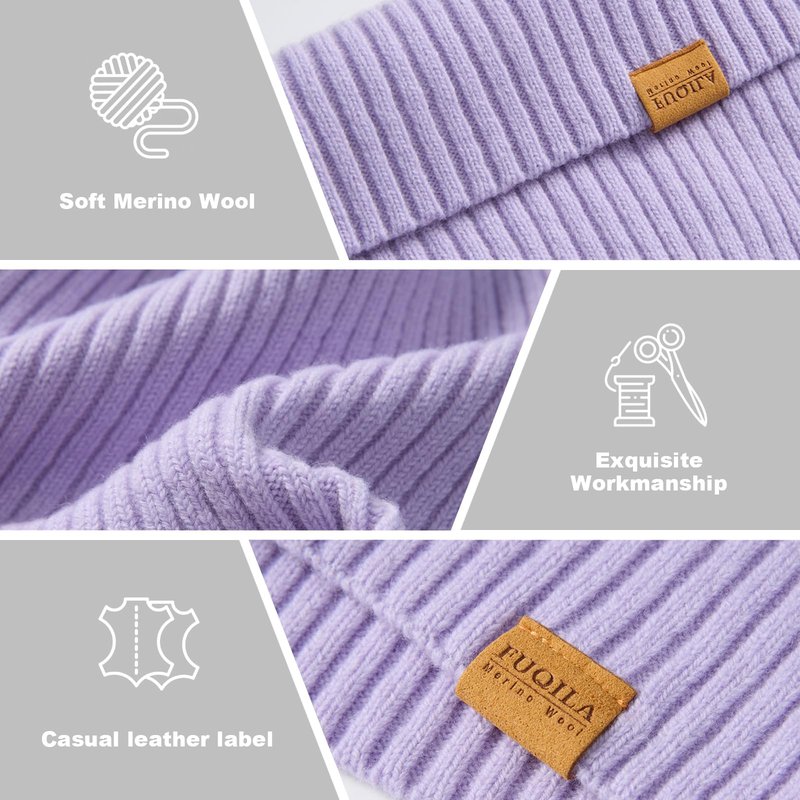 FUQILA 100% Merino Wool Cuff Beanie Hat for Women Winter Soft Warm Ladies Wool Knitted Skull Beanies Cap (Light Purple)