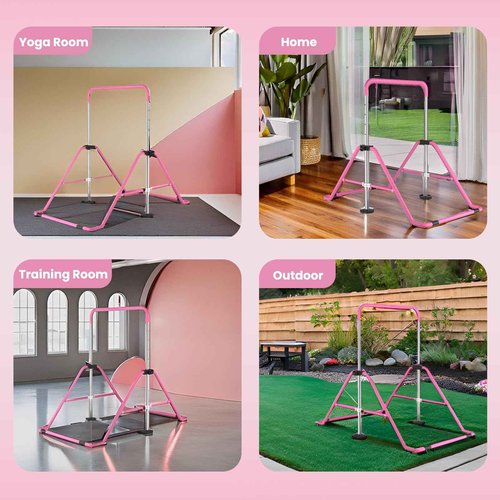 WATBKHE Gymnastics Bar for Kids Age 3-7 Years Old, Gymnastic Equipment for Kids Home, Adjustable & Folding Gymnastic Training Bar for Hanging, Pull Up, Tumbling Workout for Girls Boys (Pink)