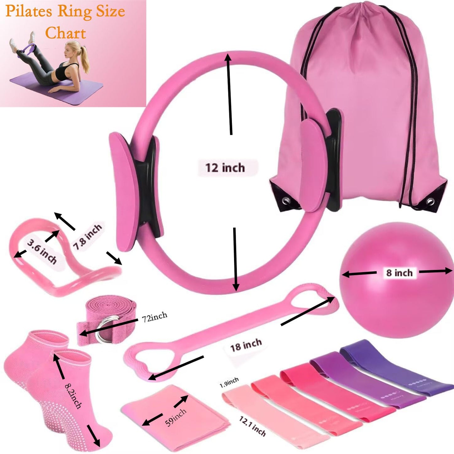 Women's Home Pink Global Pilates 13-Piece Basic Set, Home Pilates Fitness Equipment, Includes Resistance Bands, 14-Inch Magic Circle, Mini Ball, Pilates Strength, Shaping, and Flexibility Starter Kit.