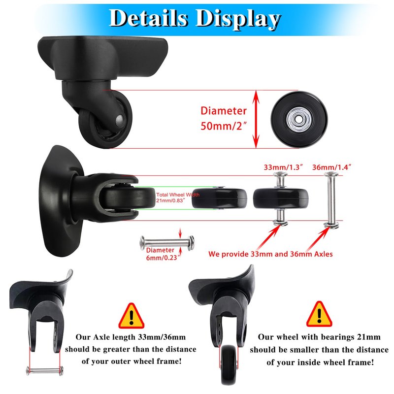 OwnMy 50mm x 18mm Set of 4 Luggage Suitcase Replacement Wheels with Bearings, Black Rubber Swivel Caster Wheels Bearings Repair Kits with 33MM / 36MM Axles