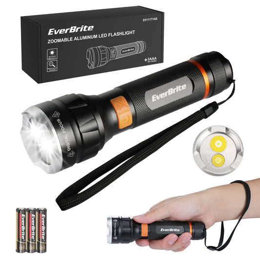 EverBrite LED Flashlight High Lumens, Super Bright, Zoomable Aluminum Flashlight with Digital Focus, 4 Modes, Water Resistant, Adjustable Brightness for Camping, Emergency, AAA Batteries Included