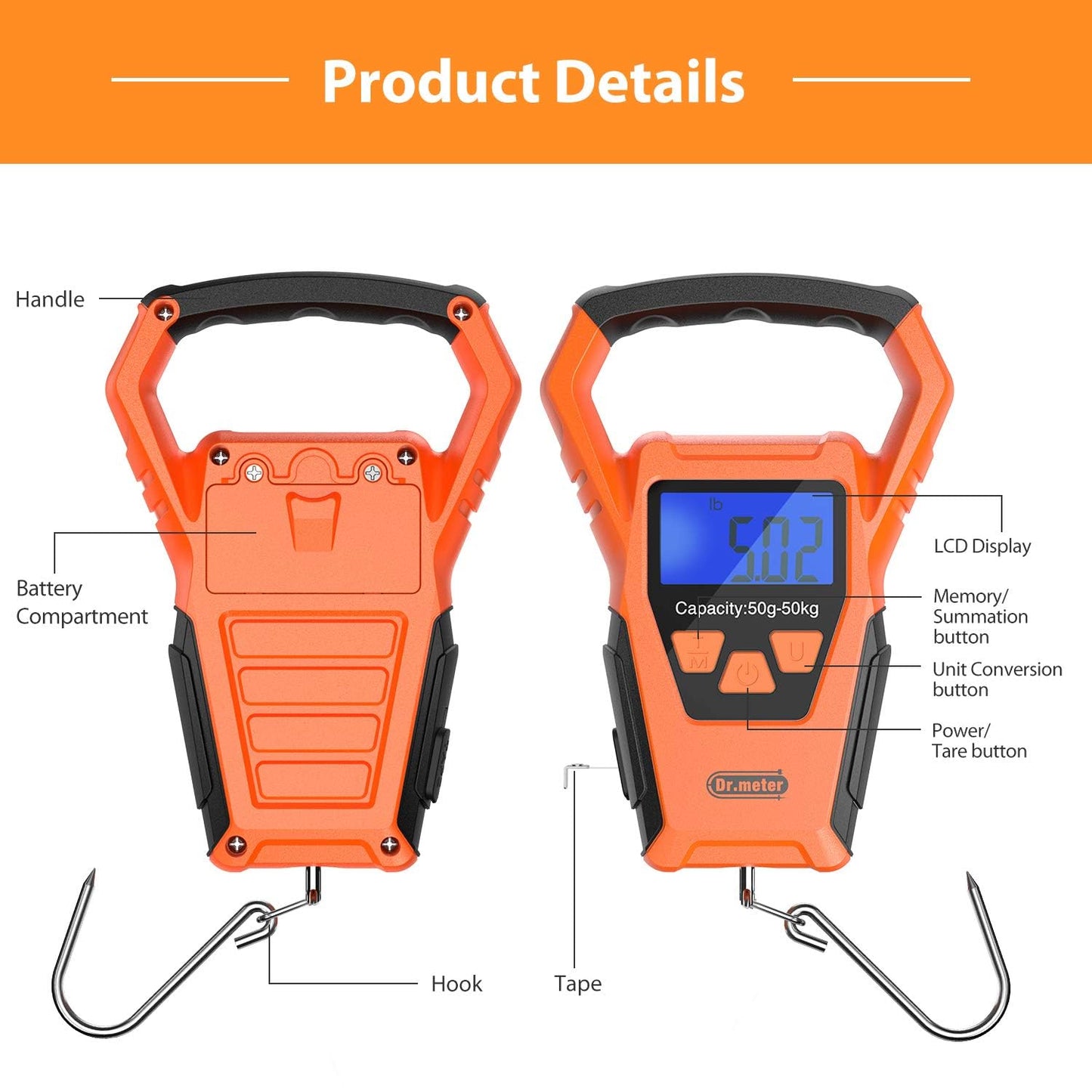 Fish Scale Waterproof - Digital Hanging Luggage Weight Scale with Backlit LCD Display | 110lb/50kg Capacity, Built-in Tape, Upgraded Handle