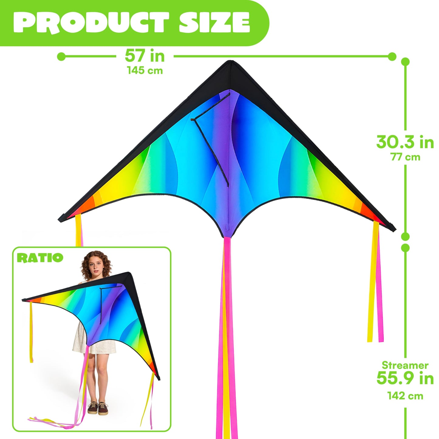 JOYIN Large Delta Kite Gradient Rainbow, Easy to Fly Huge for Kids and Adults with 328ft String, Large Delta Beach Kite for Outdoor Games and Activities