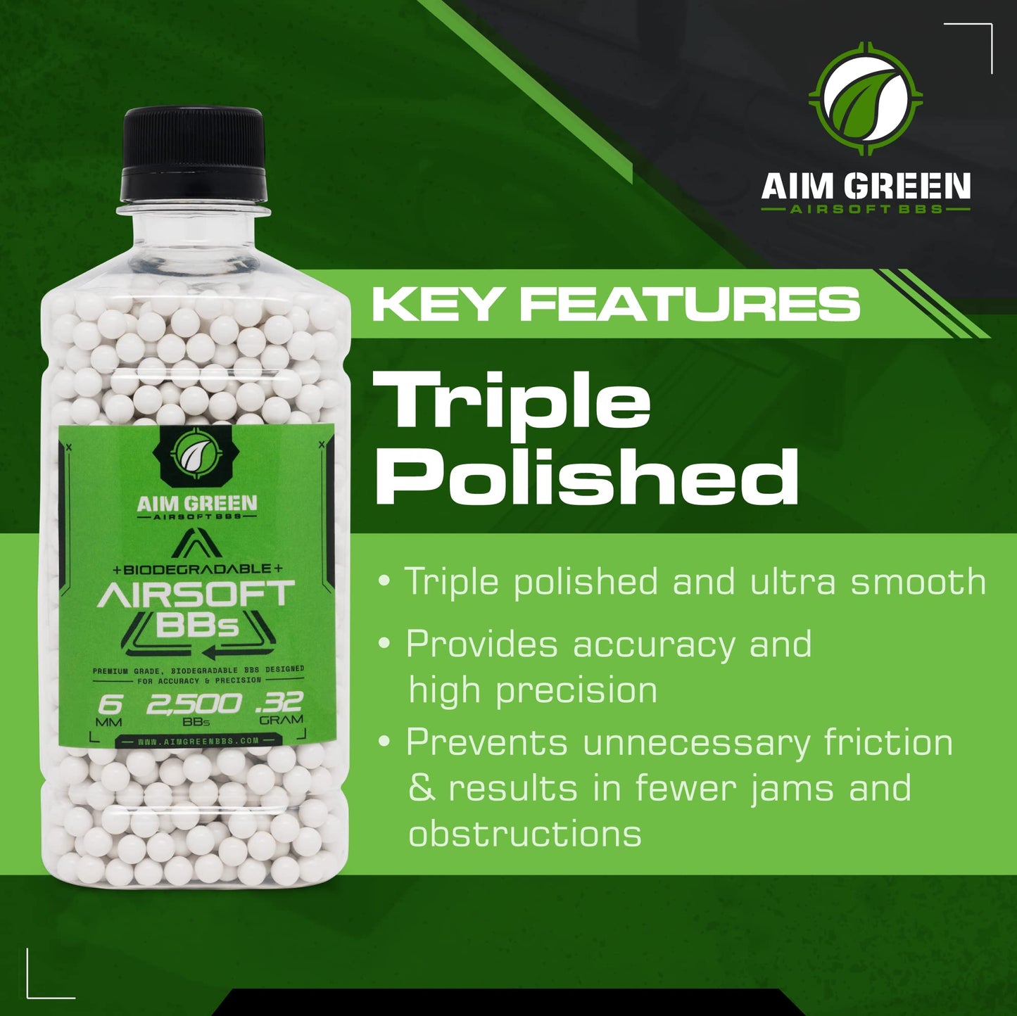 Aim Green Biodegradable Airsoft BBS, Premium-Grade 6mm Airsoft BBS, 20g, 25g, 32g, 36g, 40g, 2,500, 5,000, 10,000 Count